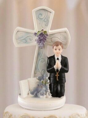 First Communion Praying Boy with Blue Cross Figurine Religious Favor Keepsake